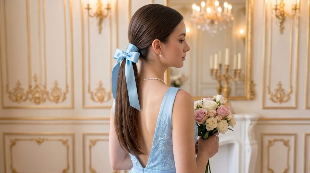 Ribbon-wrapped ponytail hairstyle with a smooth high ponytail and elegant satin ribbon
