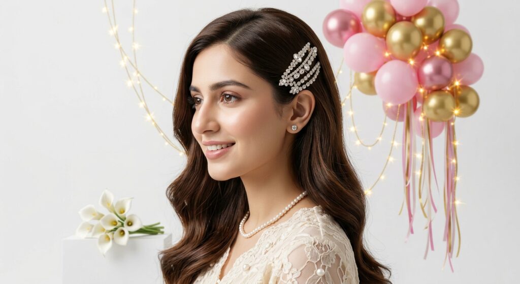 Rhinestone side clip hairstyle with elegant long glossy hair
