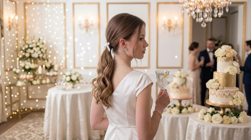 Jeweled low ponytail hairstyle with smooth glossy hair and delicate sparkling hair accessories
