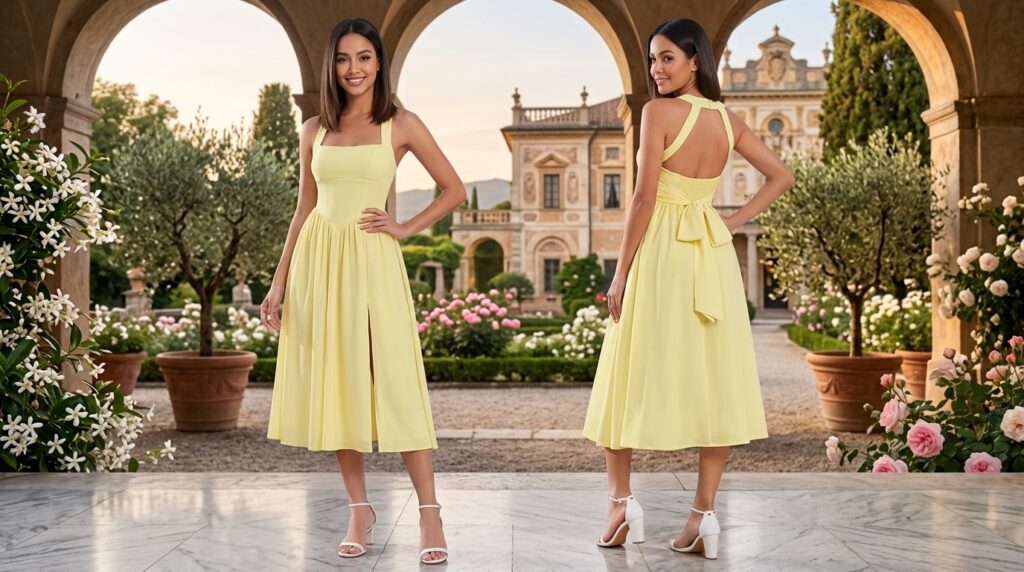 Bow back midi dress with an elegant silhouette and statement bow detail