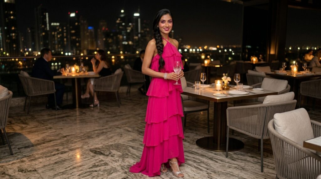 Pleated chiffon dress with delicate pleats, flowing fabric, and an elegant feminine silhouette