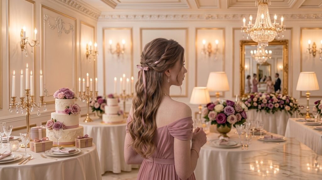 Romantic ribbon waves hairstyle with soft glossy waves and delicate ribbon accents
