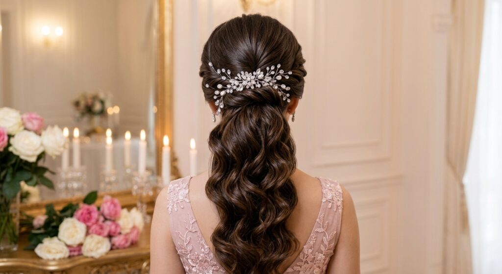 Crystal hair combo updo hairstyle with sparkling crystal hair pins
