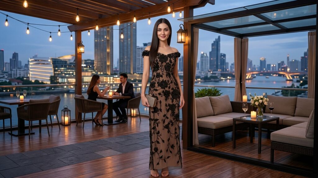 Rosette detail dress with elegant fabric flower accents and a feminine silhouette