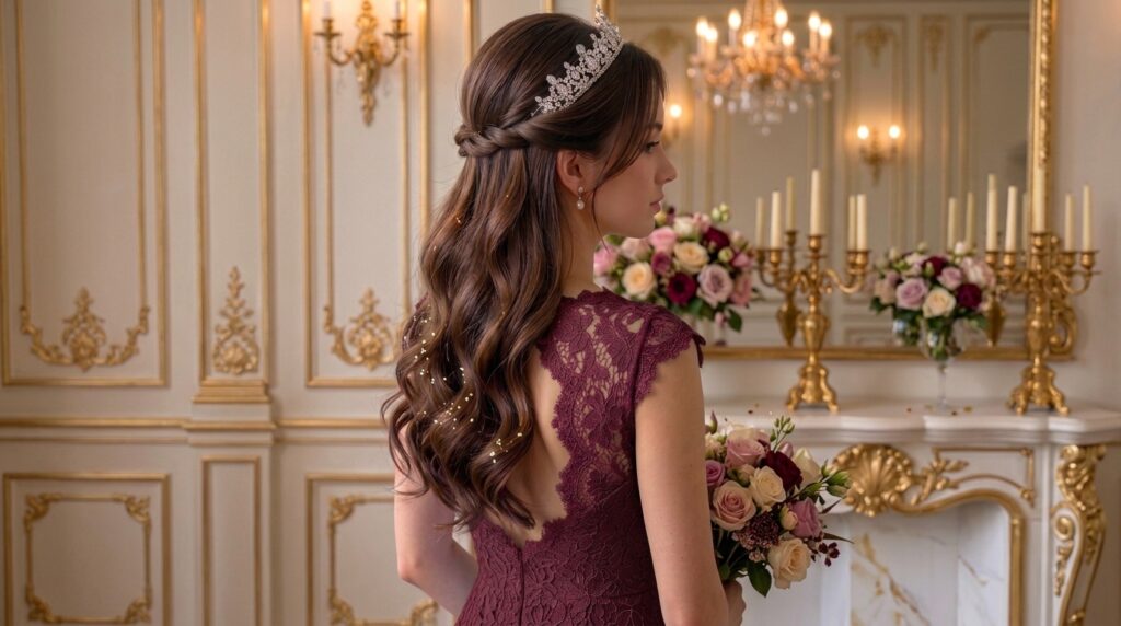 Crystal headband waves hairstyle with soft glossy waves and an elegant sparkling headband

