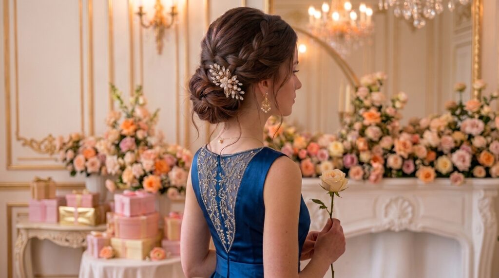 Pearl hair pin waves hairstyle with soft glossy waves decorated with elegant pearl hair pins
