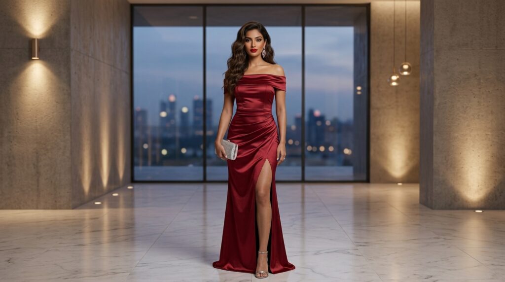 Asymmetric hem satin dress with a glossy finish and elegant flowing silhouette