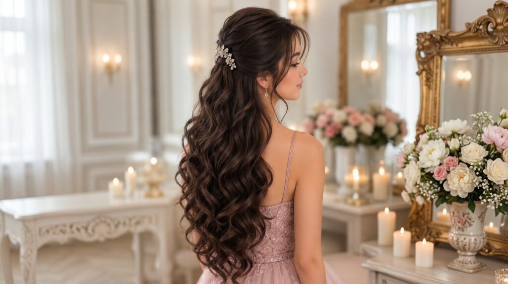 Birthday glam curls hairstyle with long voluminous glossy hair
