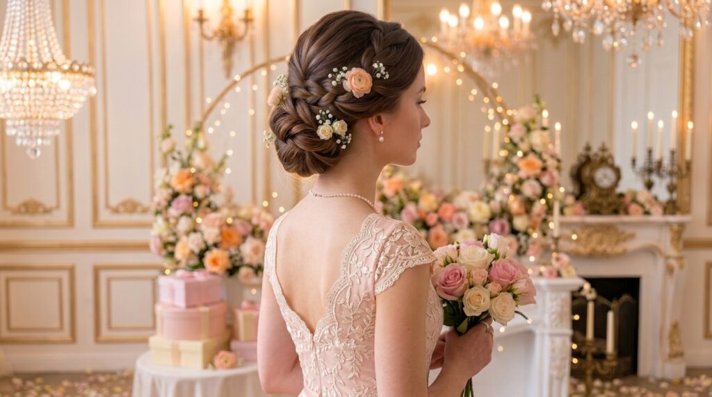 Floral birthday updo hairstyle with an elegant bun decorated with delicate flowers
