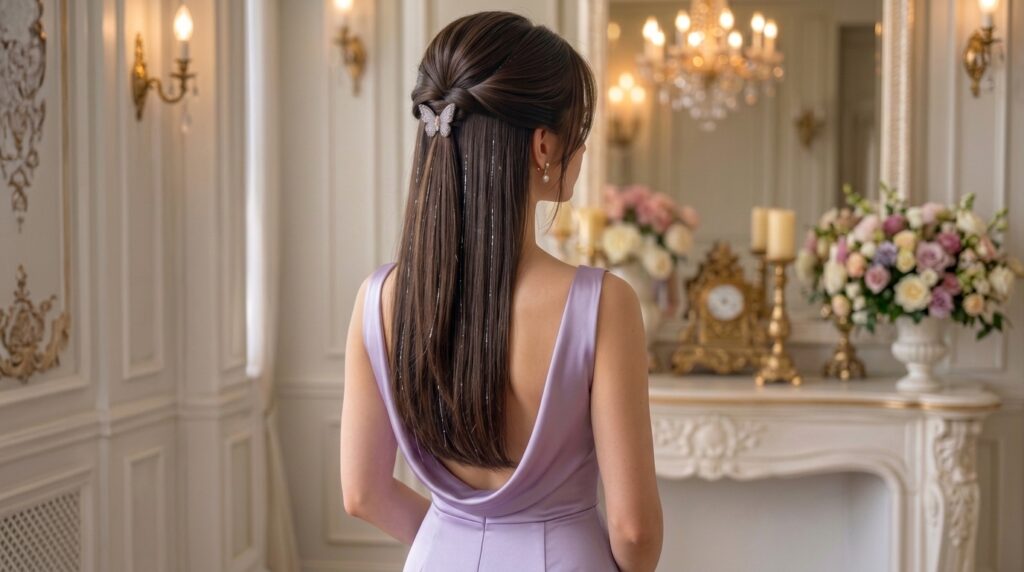 Sparkle hair tinsel hairstyle with shimmering strands woven through long glossy hair
