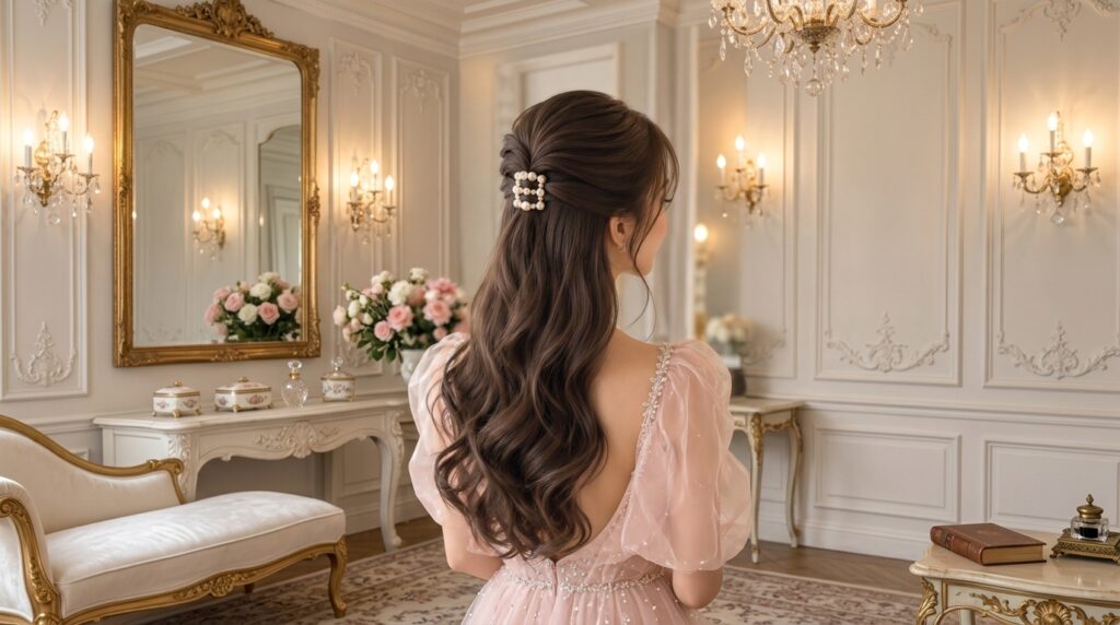 Pearl clip half-up hairstyle with elegant long glossy hair
