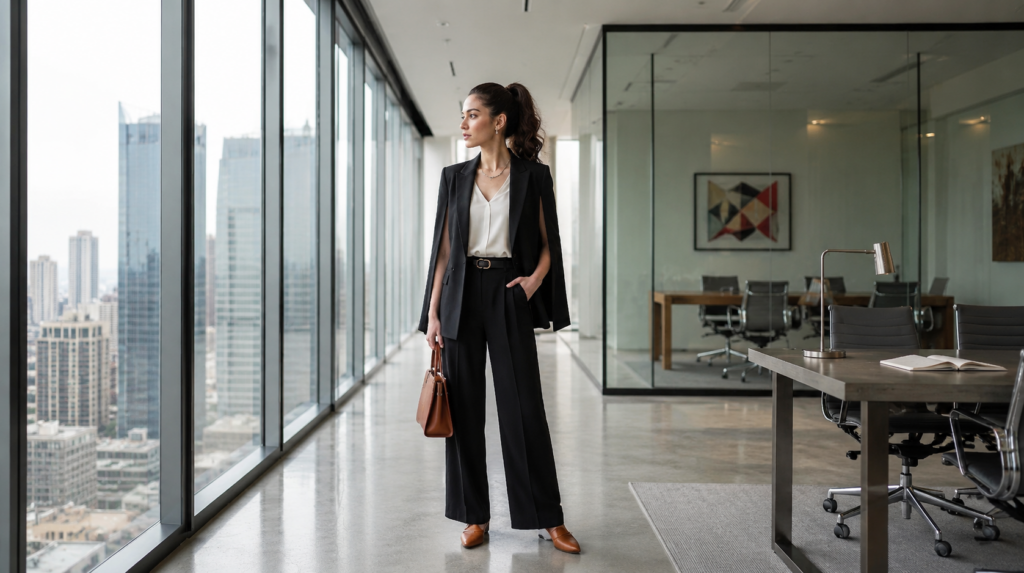 Elegant longline blazer with slim pants office outfit for women
