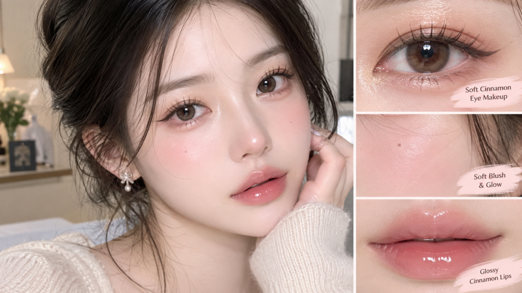 Soft cinnamon Korean makeup look with warm brown eyeshadow and natural glossy lips