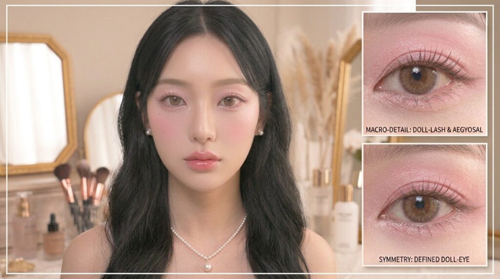 Korean doll-like eye makeup look with soft defined eyes