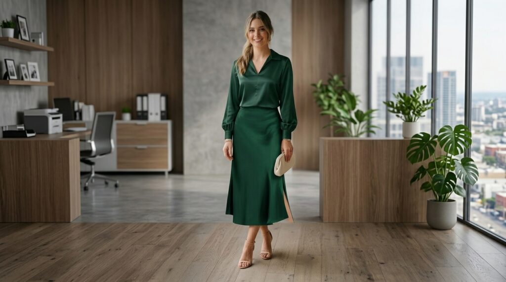 Elegant satin blouse with midi skirt office outfit for women
