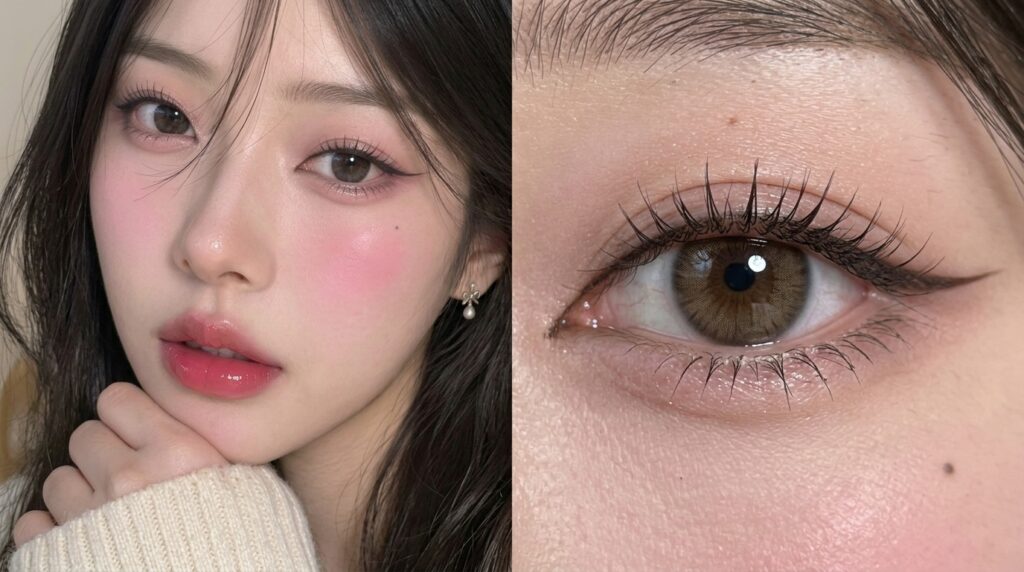 Soft puppy liner Korean makeup look with gently downturned eyeliner and natural K-beauty eye makeup