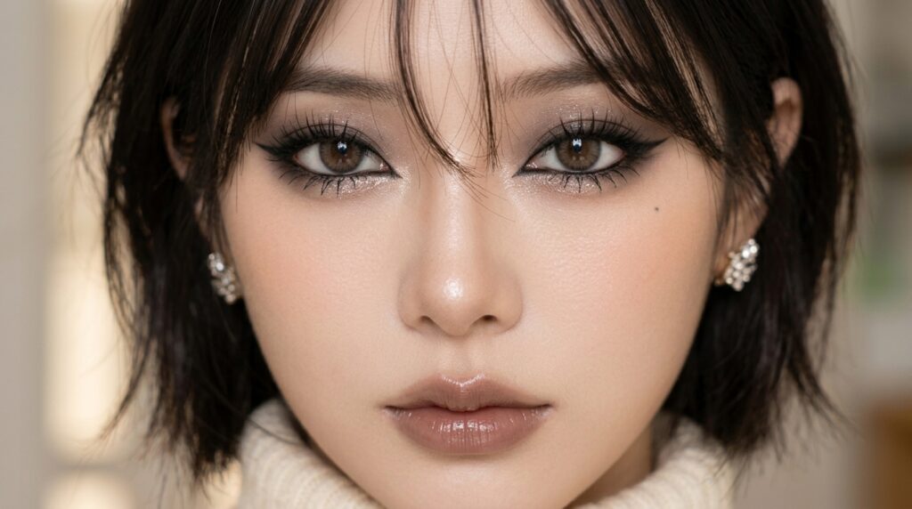 Korean Siren eye makeup look with softly elongated eyeliner and defined Korean-inspired eyes