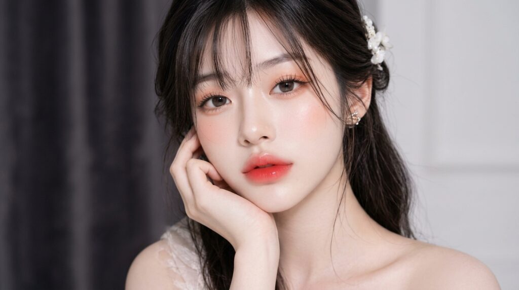 Korean Manhwa-inspired makeup look with soft eyeshadow, defined eyes, rosy cheeks, and glossy lips