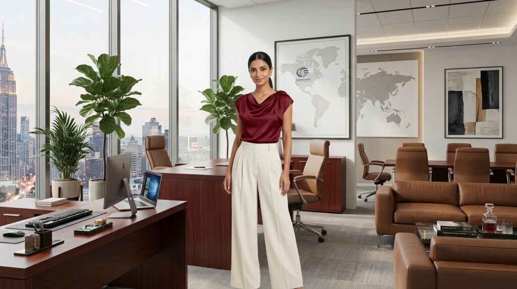 Elegant silk blouse with tailored pants office outfit for women
