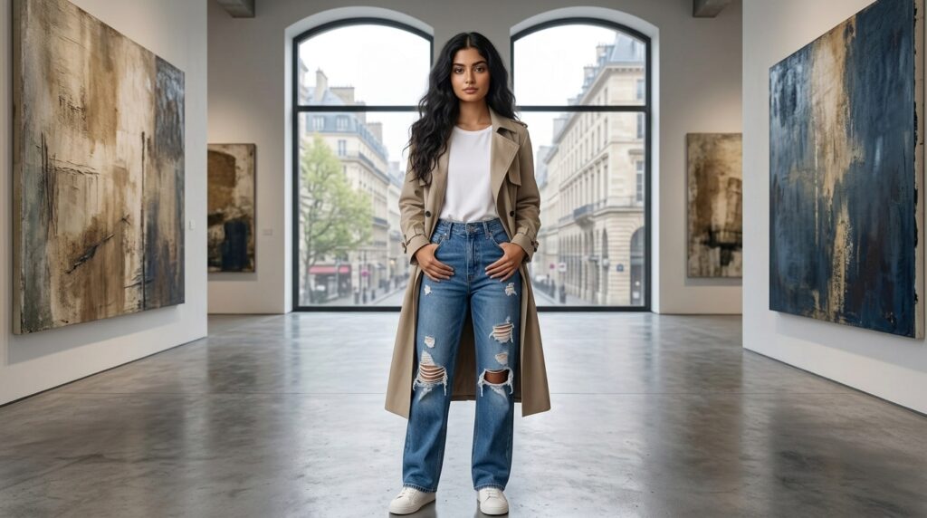 Elegant trench coat with tailored pants office outfit for women
