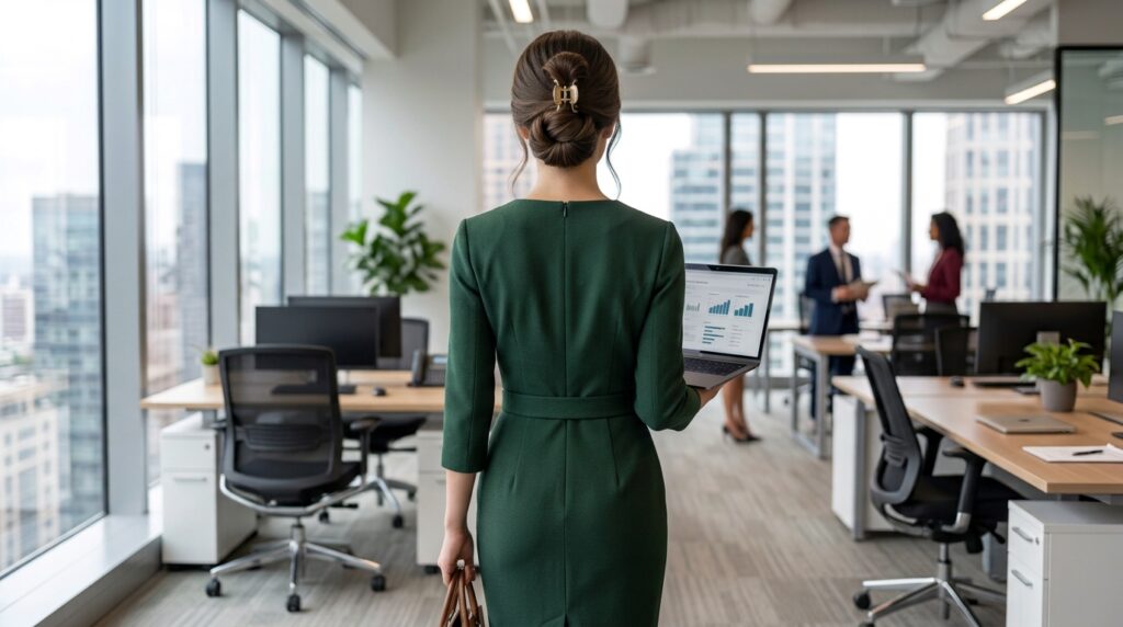 Hair wrapped around a claw clip hairstyle for an office look