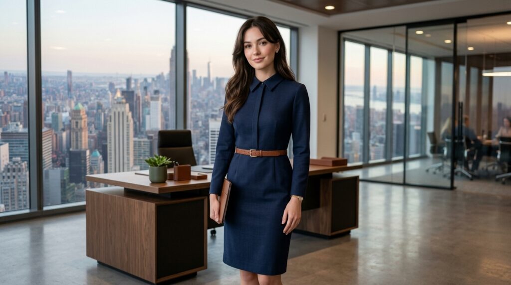 Elegant collared dress with slim belt office outfit for women

