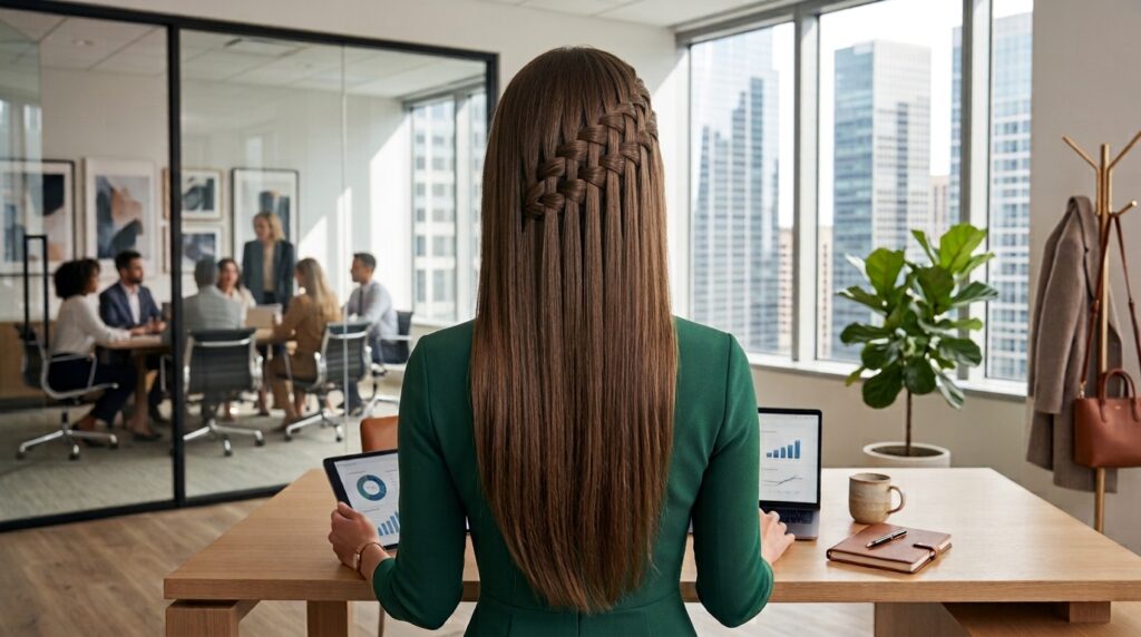 Half-up hairstyle with crossed hair sections for an office look