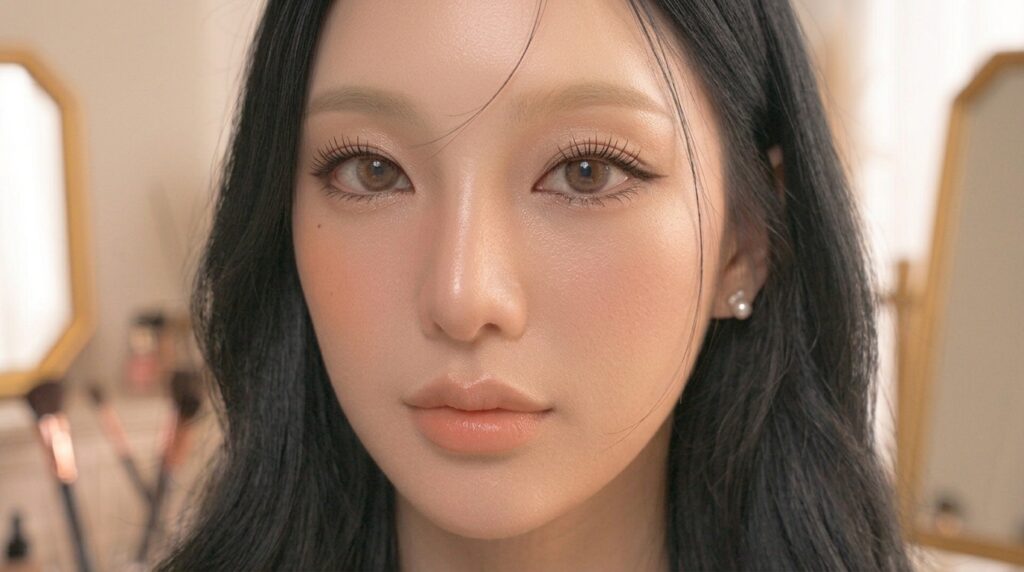 Soft champagne K-Beauty makeup look with delicate shimmer
