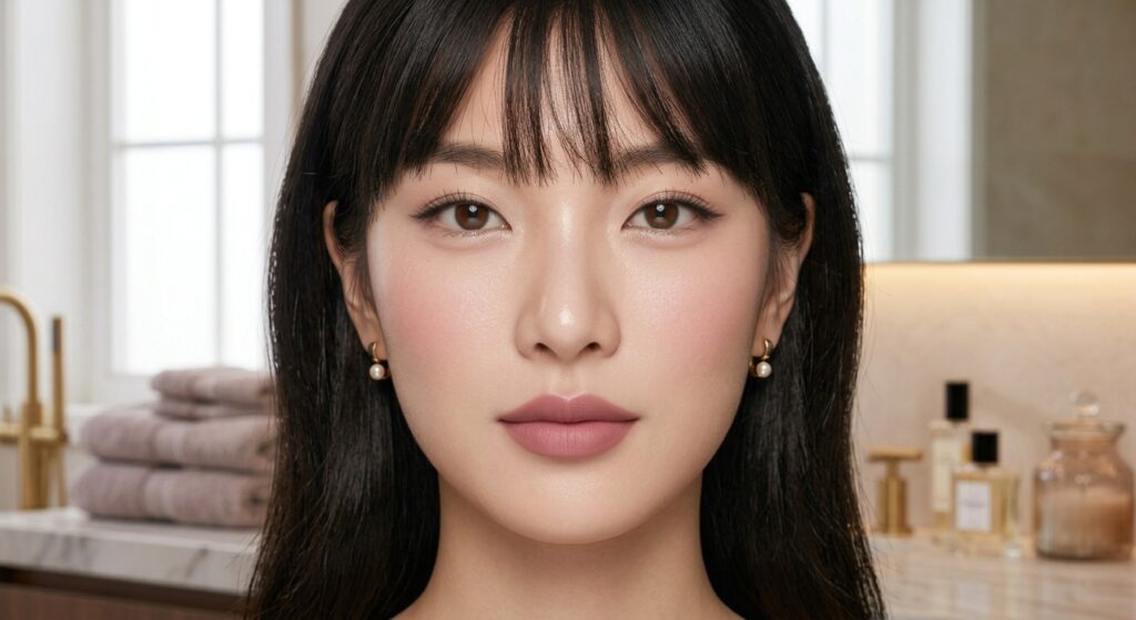Muted berry K-Beauty makeup look with soft berry eyeshadow, rosy cheeks, and a natural glossy lip