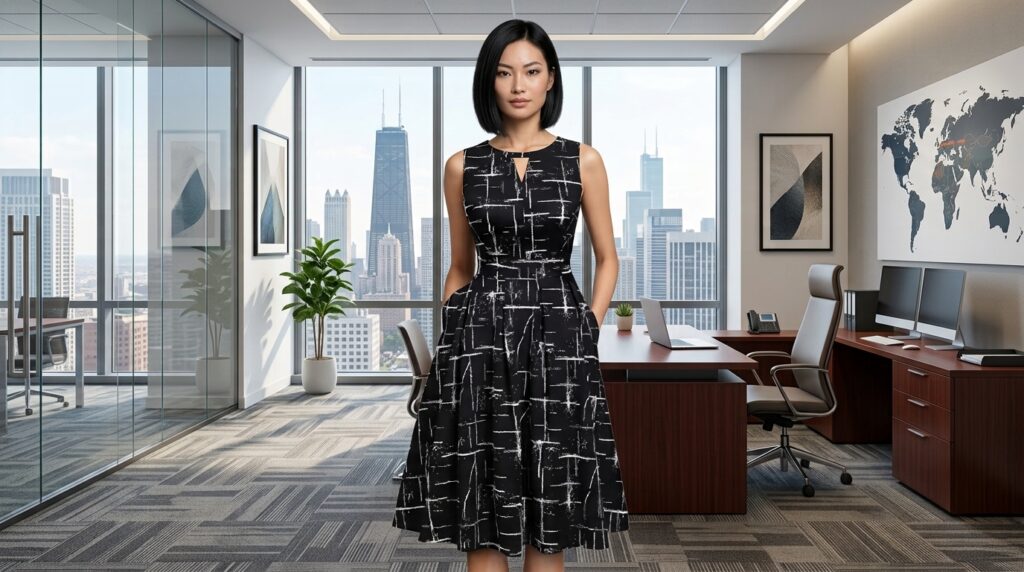 Elegant monochrome dress with heels office outfit for women

