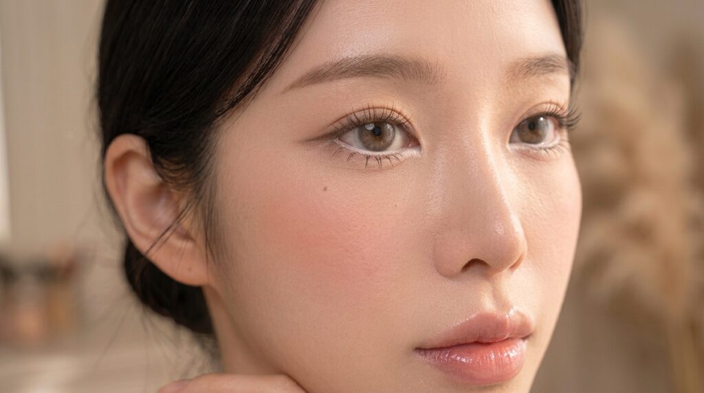 Delicate under-lash Korean look with softly defined lower lashes and natural glowing skin