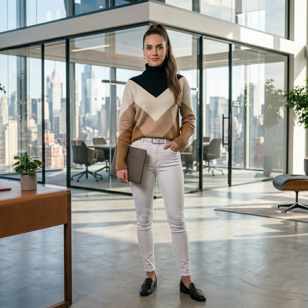 Elegant turtleneck with pleated pants office outfit for women
