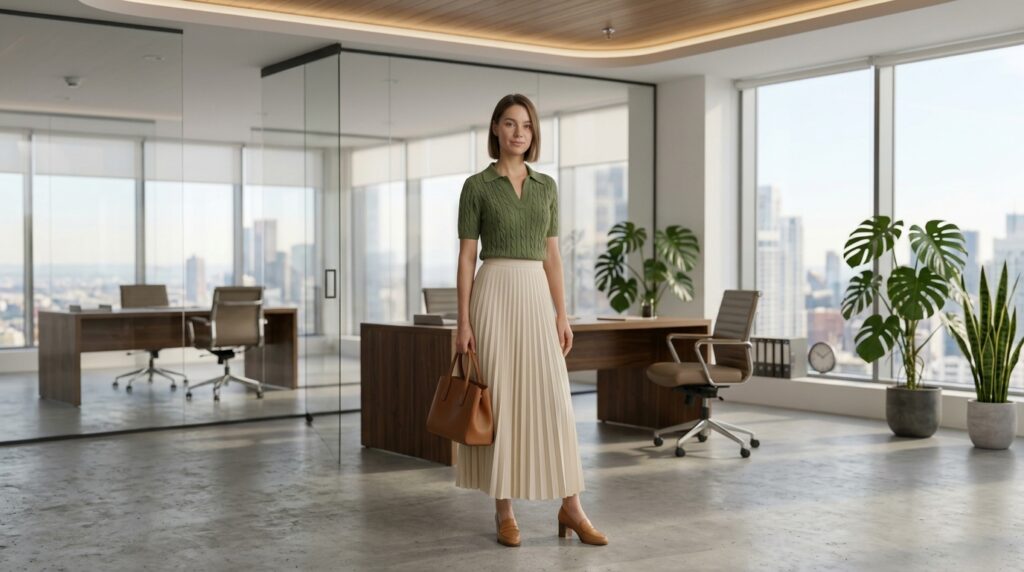 Elegant knit top with pleated midi skirt office outfit for women

