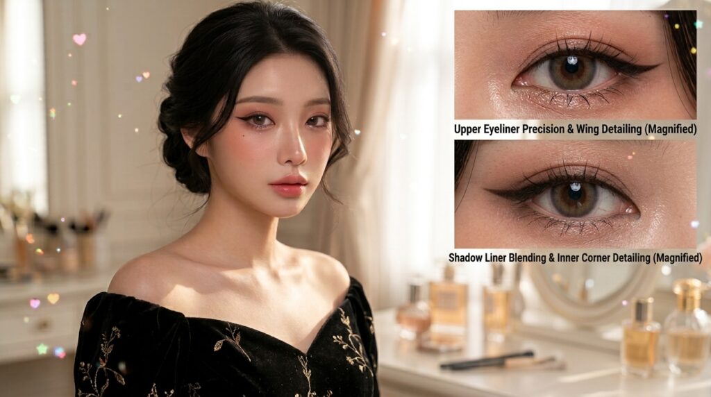 Korean shadow-liner makeup with softly blended eyeliner and natural glowing skin