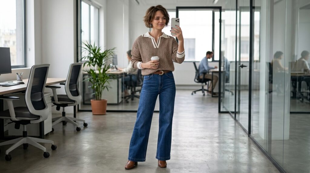 Elegant sweater with wide-leg pants office outfit for women
