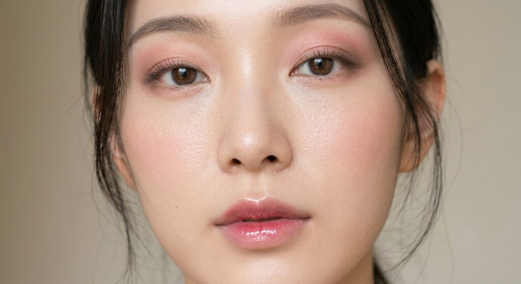 Glossy center-lip Korean makeup look with soft pink gradient