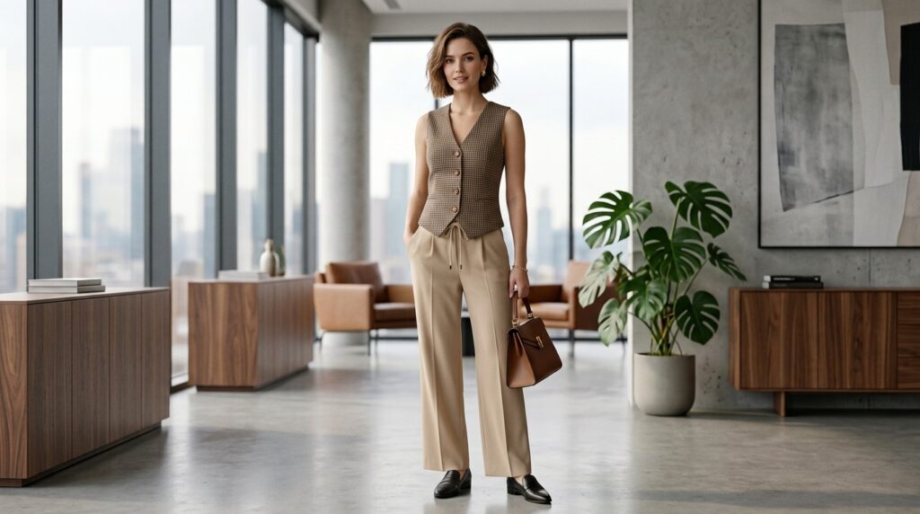 Elegant sleeveless vest with tailored pants office outfit for women
