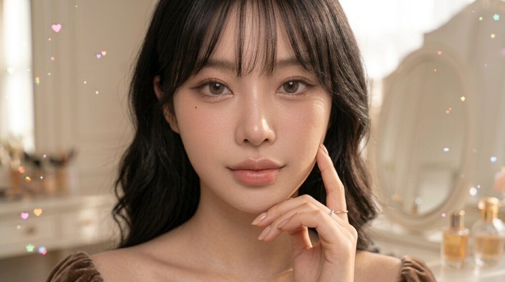 Soft mocha K-beauty look with warm brown eyeshadow, natural skin, and glossy lips