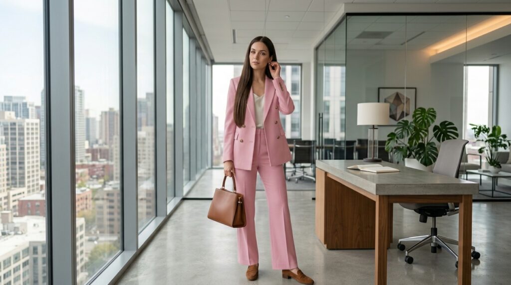 Elegant double-breasted blazer with tailored trousers office outfit for women
