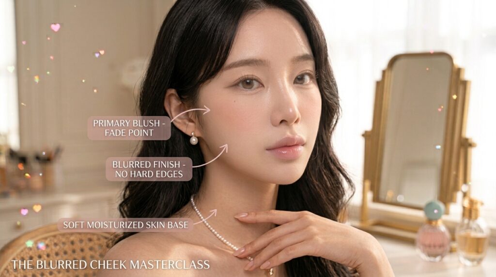 Korean blurred cheek makeup with soft diffused blush and natural glowing skin
