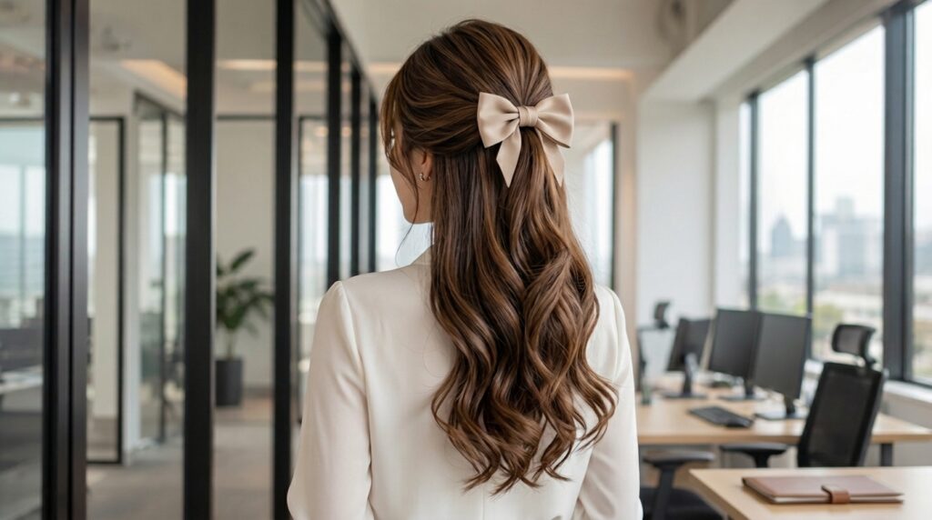 Wavy half-up hairstyle with a hair bow for an office look