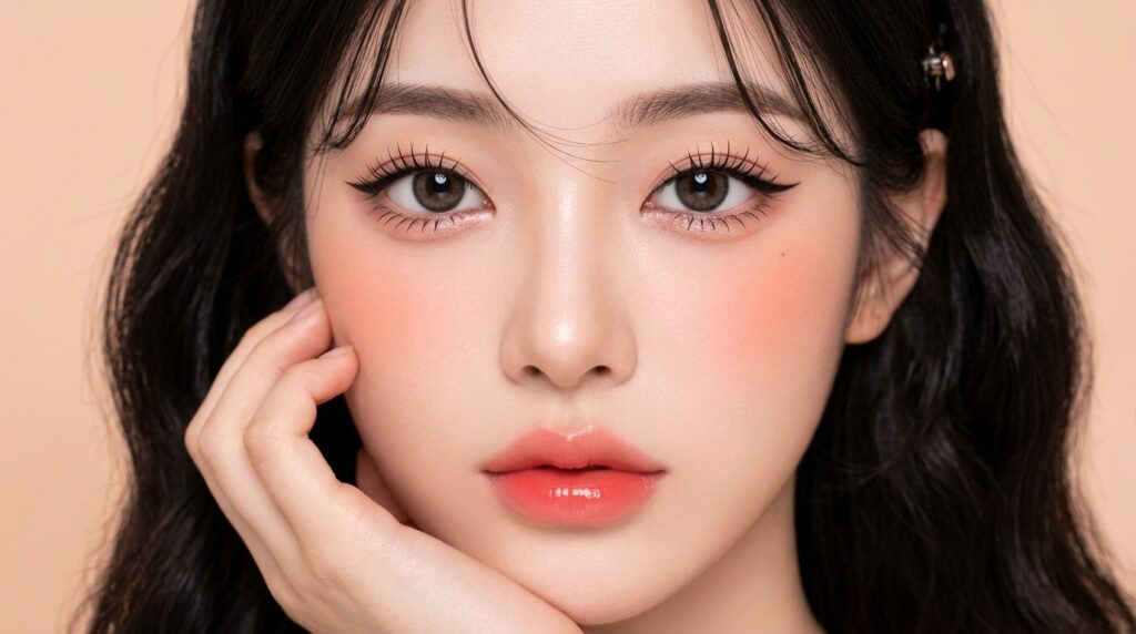 Blurred lip edge Korean makeup look with soft diffused color and natural Korean-style makeup