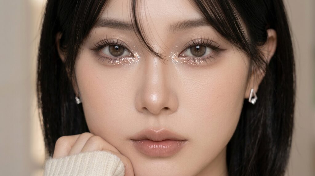 Subtle glitter inner-corner Korean makeup look with soft eyeshadow and delicate eye definition