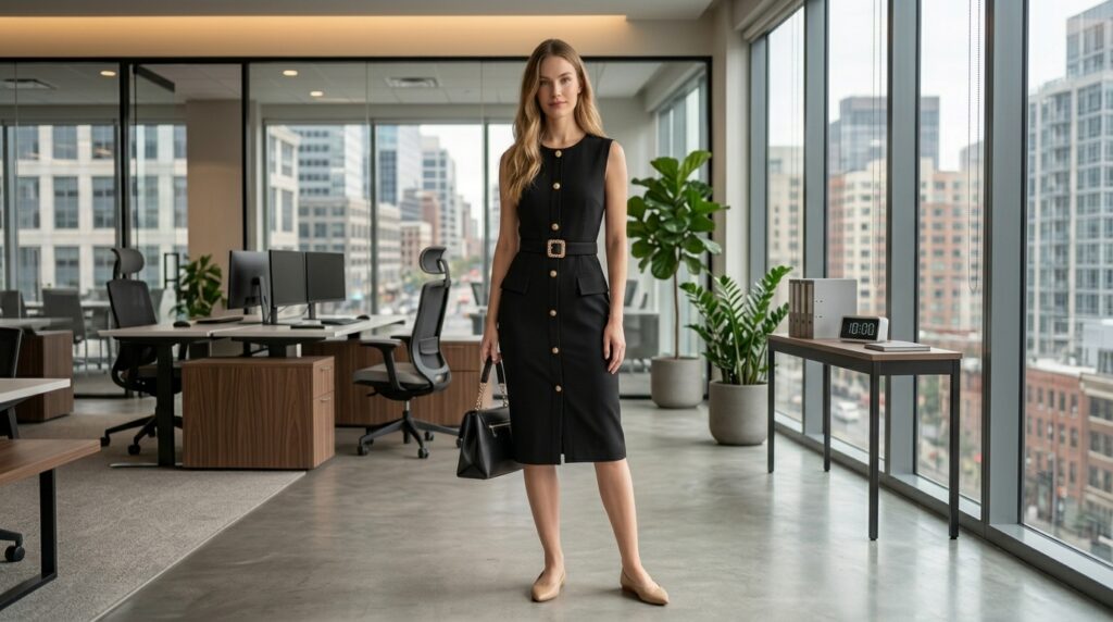 Elegant belted shirt dress office outfit for women
