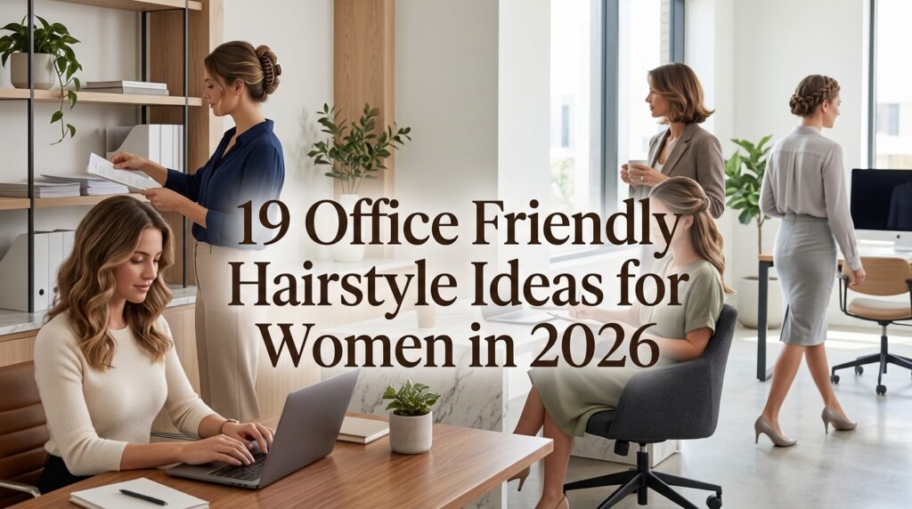 Women showcasing office friendly hairstyles in a modern professional office