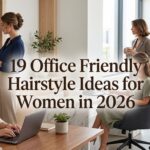 Women showcasing office friendly hairstyles in a modern professional office