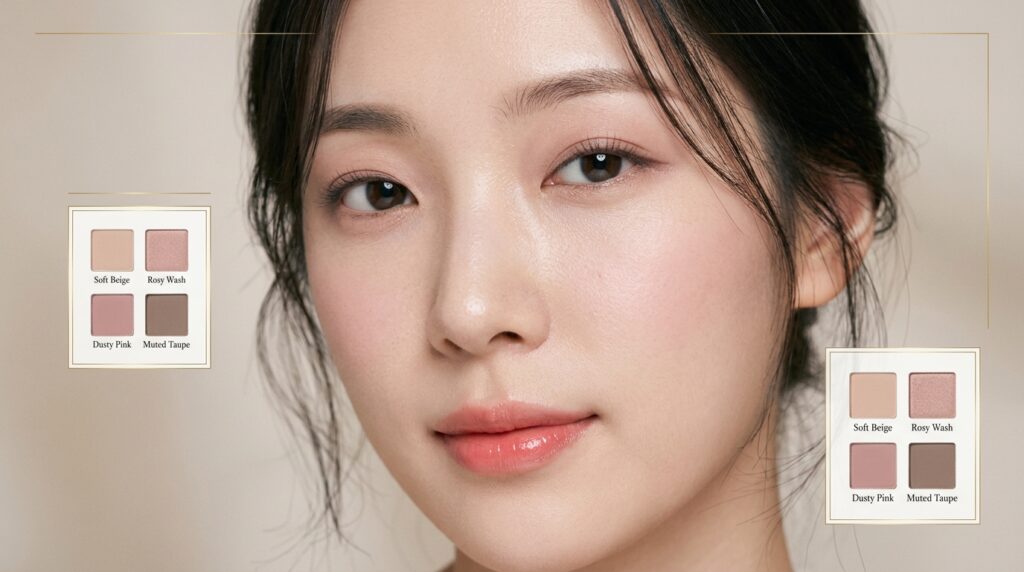 Korean eye-shadow wash look with soft rosy eyeshadow