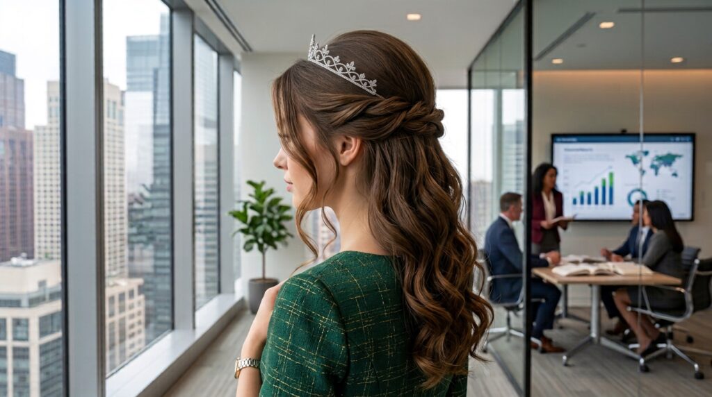 Twisted crown hairstyle for women in a modern office