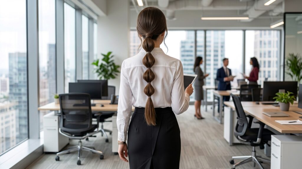 Low bubble ponytail hairstyle for women in a modern office