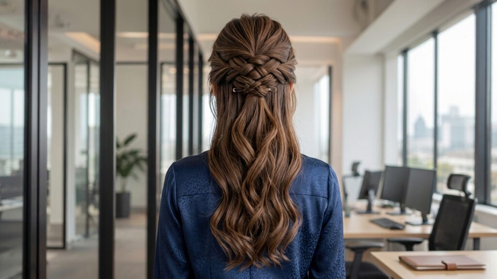 Double rope twist hairstyle for women in a modern office